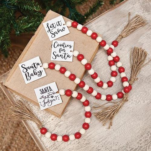 Winter Phrases Tassel Garland w Red Wht Beads 4 Asstd - The Fox Decor