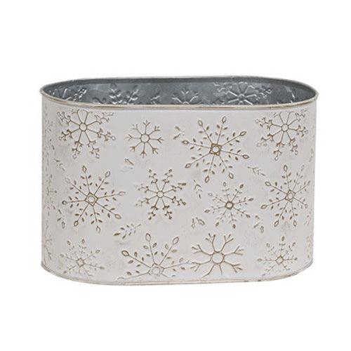 2 Set Distressed White Metal Oval Buckets w Gold Embossed Snowflakes - The Fox Decor