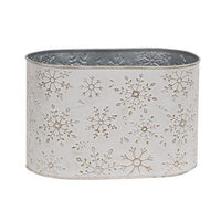2 Set Distressed White Metal Oval Buckets w Gold Embossed Snowflakes - The Fox Decor