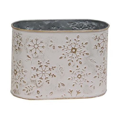 2 Set Distressed White Metal Oval Buckets w Gold Embossed Snowflakes - The Fox Decor