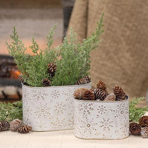 2 Set Distressed White Metal Oval Buckets w Gold Embossed Snowflakes - The Fox Decor