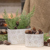2 Set Distressed White Metal Oval Buckets w Gold Embossed Snowflakes - The Fox Decor