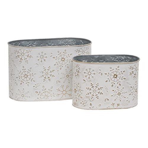 2 Set Distressed White Metal Oval Buckets w Gold Embossed Snowflakes - The Fox Decor