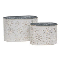 2 Set Distressed White Metal Oval Buckets w Gold Embossed Snowflakes - The Fox Decor
