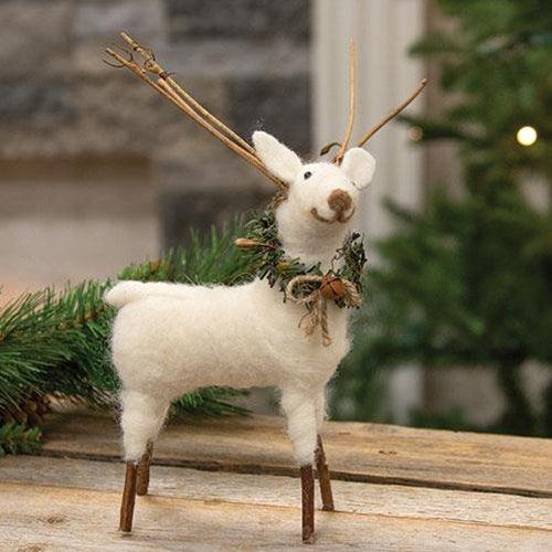Large Felted White Standing Reindeer Ornament - The Fox Decor
