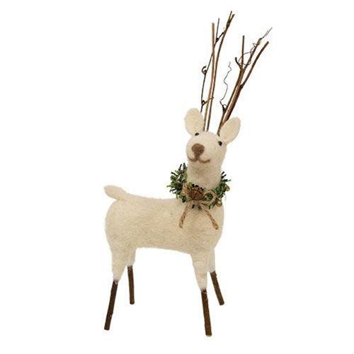 Large Felted White Standing Reindeer Ornament - The Fox Decor