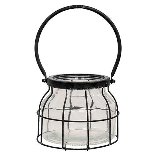 Small Glass Jar In Black Metal Carrier - The Fox Decor