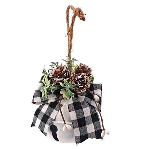 White Bell Ornament w Black White Plaid Bow - The Fox Decor