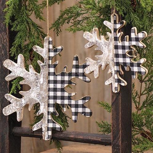 Black White Plaid & Birch Snowflake Ornament 65 - The Fox Decor