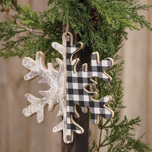 Black White Plaid & Birch Snowflake Ornament 65 - The Fox Decor