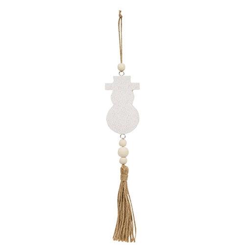 Glittered White Snowman Beaded Wood Ornament with Tassel - The Fox Decor