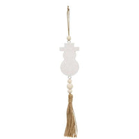 Glittered White Snowman Beaded Wood Ornament with Tassel - The Fox Decor