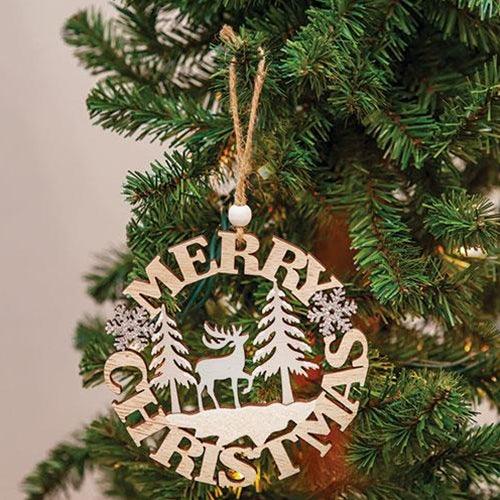 Merry Christmas Deer Cutout Wood Ornament - The Fox Decor