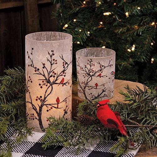 2 Set Frosted Winter Cardinals on Branches Pillar Jars - The Fox Decor