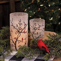 2 Set Frosted Winter Cardinals on Branches Pillar Jars - The Fox Decor