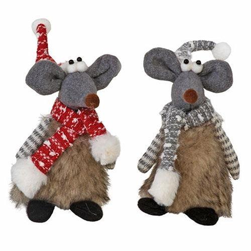 Plush Fur Standing Mouse w Santa Hat & Scarf - 2 Asstd - The Fox Decor