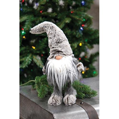 Plush Fluffy Gray Wobble Gnome w Fur Leg - The Fox Decor