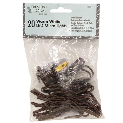 Warm White LED Micro Lights 20 Count Brown Cord - The Fox Decor