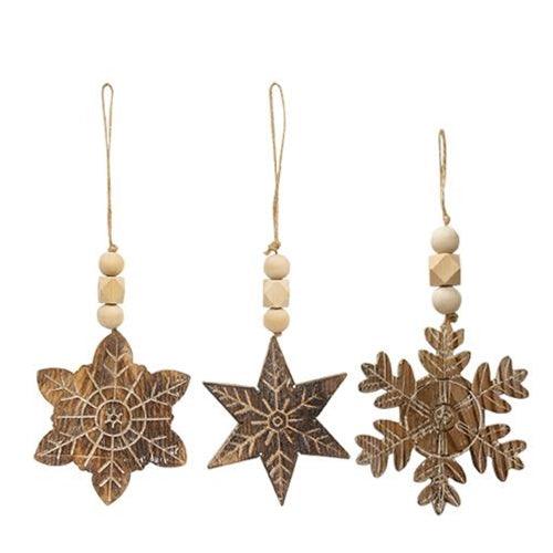 Natural Beaded Distressed Wood Grain Snowflake Ornament 3 Asstd - The Fox Decor