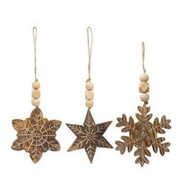 Natural Beaded Distressed Wood Grain Snowflake Ornament 3 Asstd - The Fox Decor