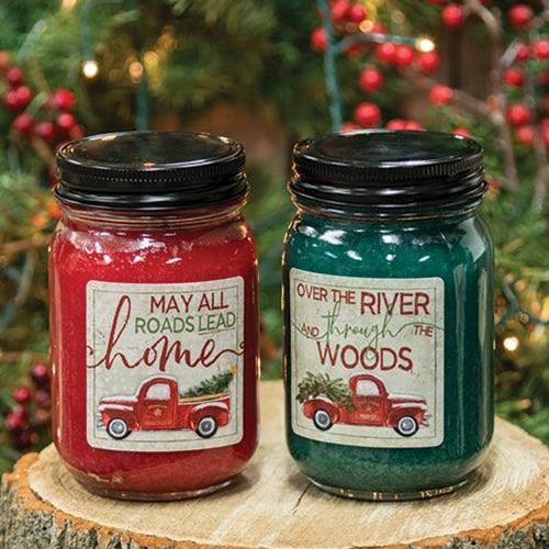 Hollyberry Jar Candle w Red Truck 12oz - All Roads Lead Home - The Fox Decor