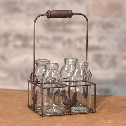 4 Bottles w Wire Rooster Carrier - The Fox Decor