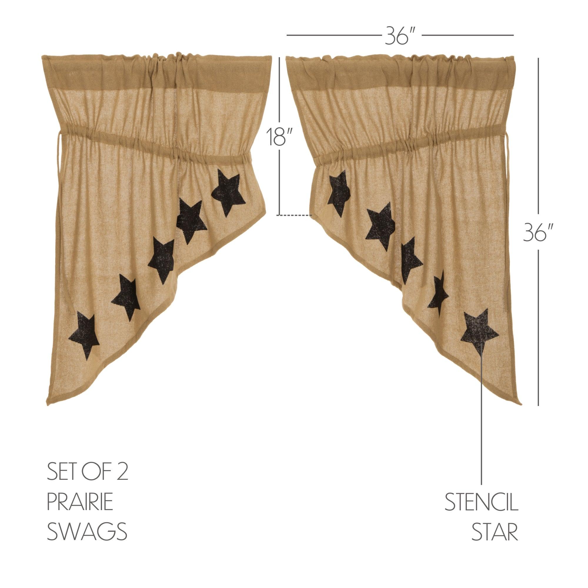 Burlap w/Black Stencil Stars Prairie Swag Curtain Set of 2 36x36x18 VHC Brands - The Fox Decor