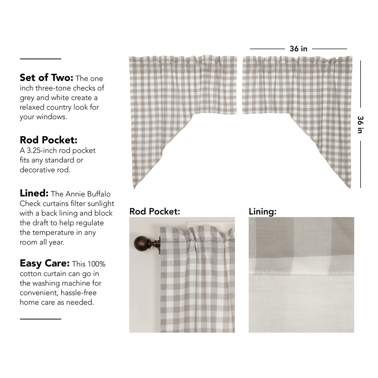 Annie Buffalo Grey Check Swag Curtain Set of 2 36x36x16 - The Fox Decor