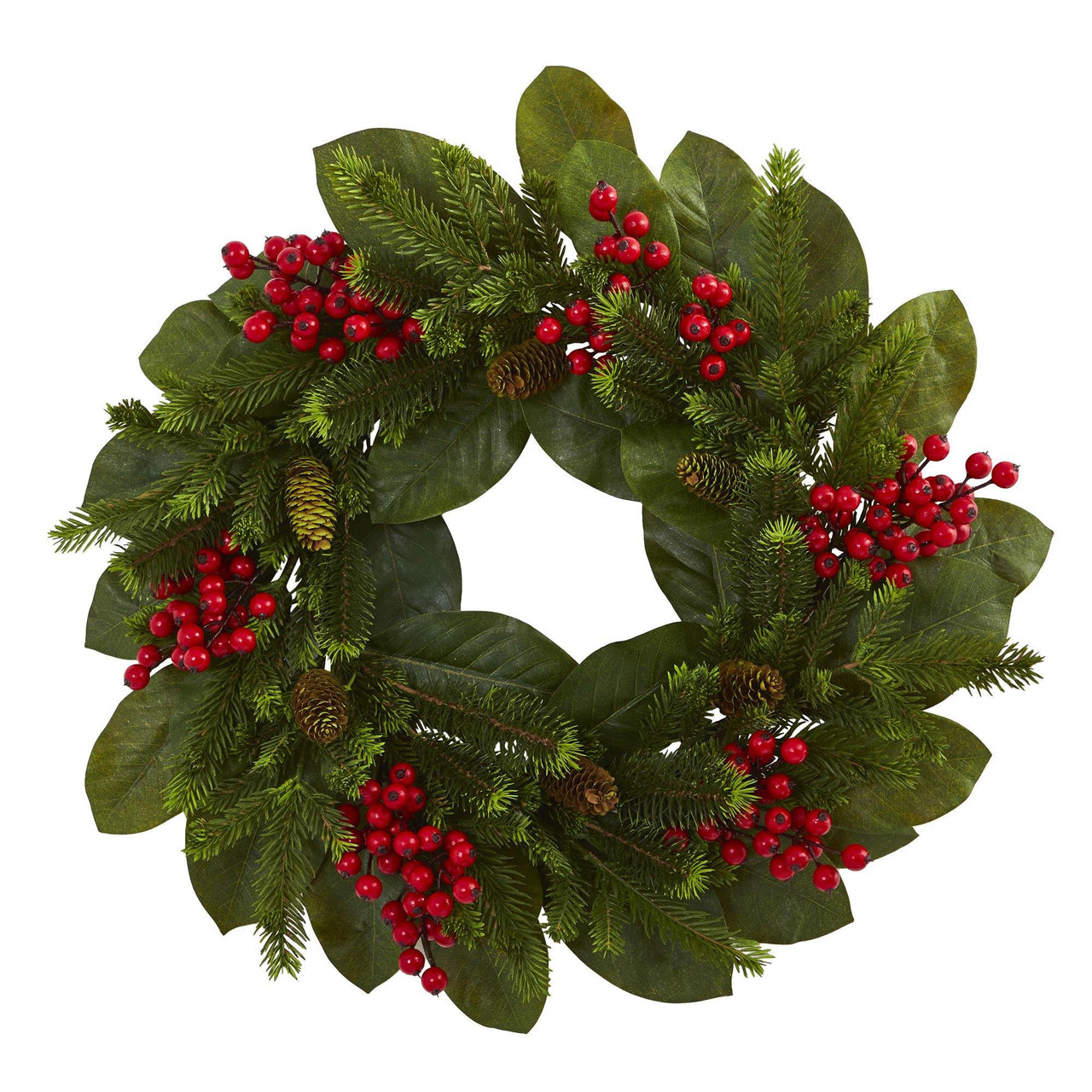 24” Magnolia Leaf, Berry and Pine Artificial Wreath - The Fox Decor