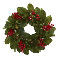 Thumbnail for 24” Magnolia Leaf, Berry and Pine Artificial Wreath - The Fox Decor