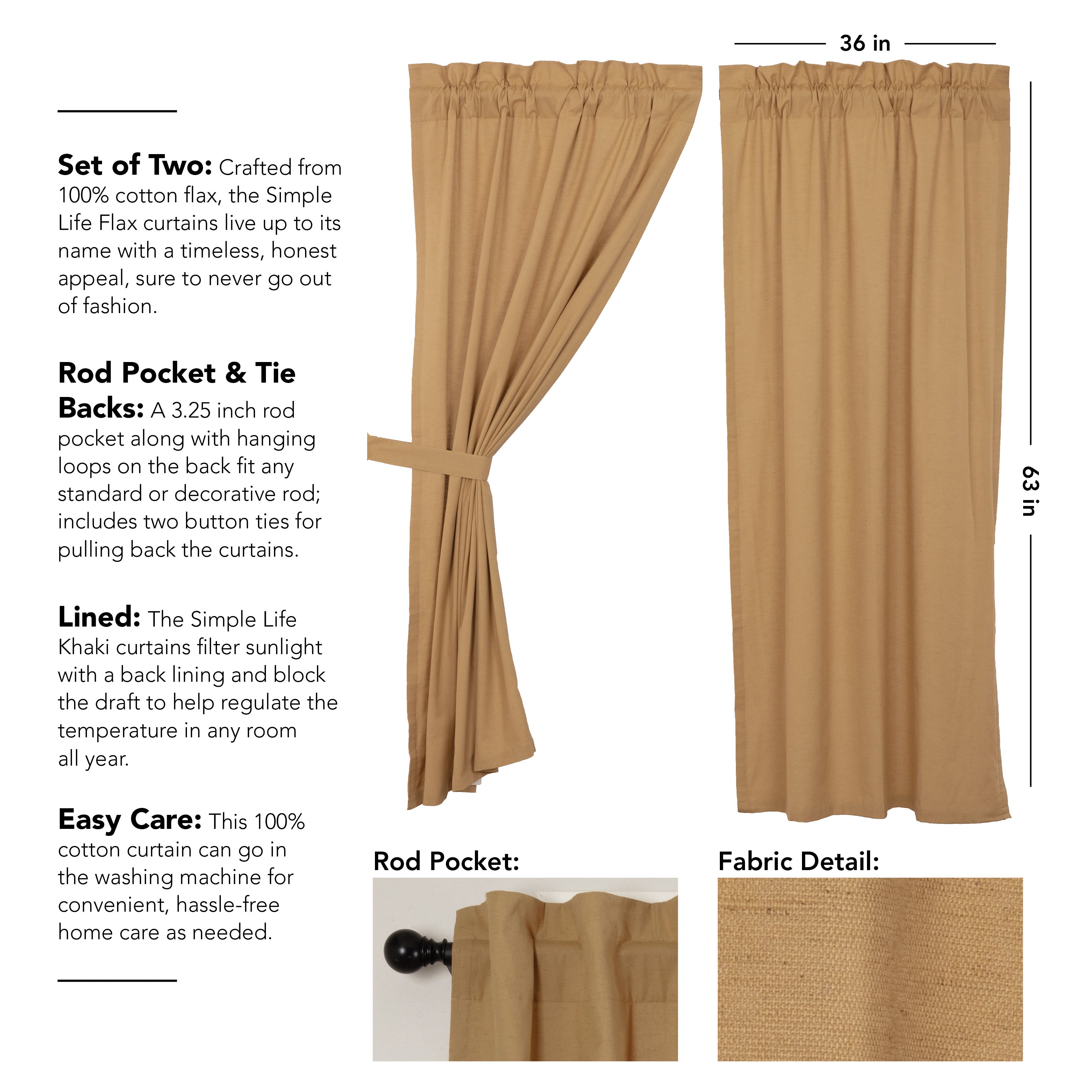 Simple Life Flax Khaki Short Panel Country Style Curtain Set of 2 63