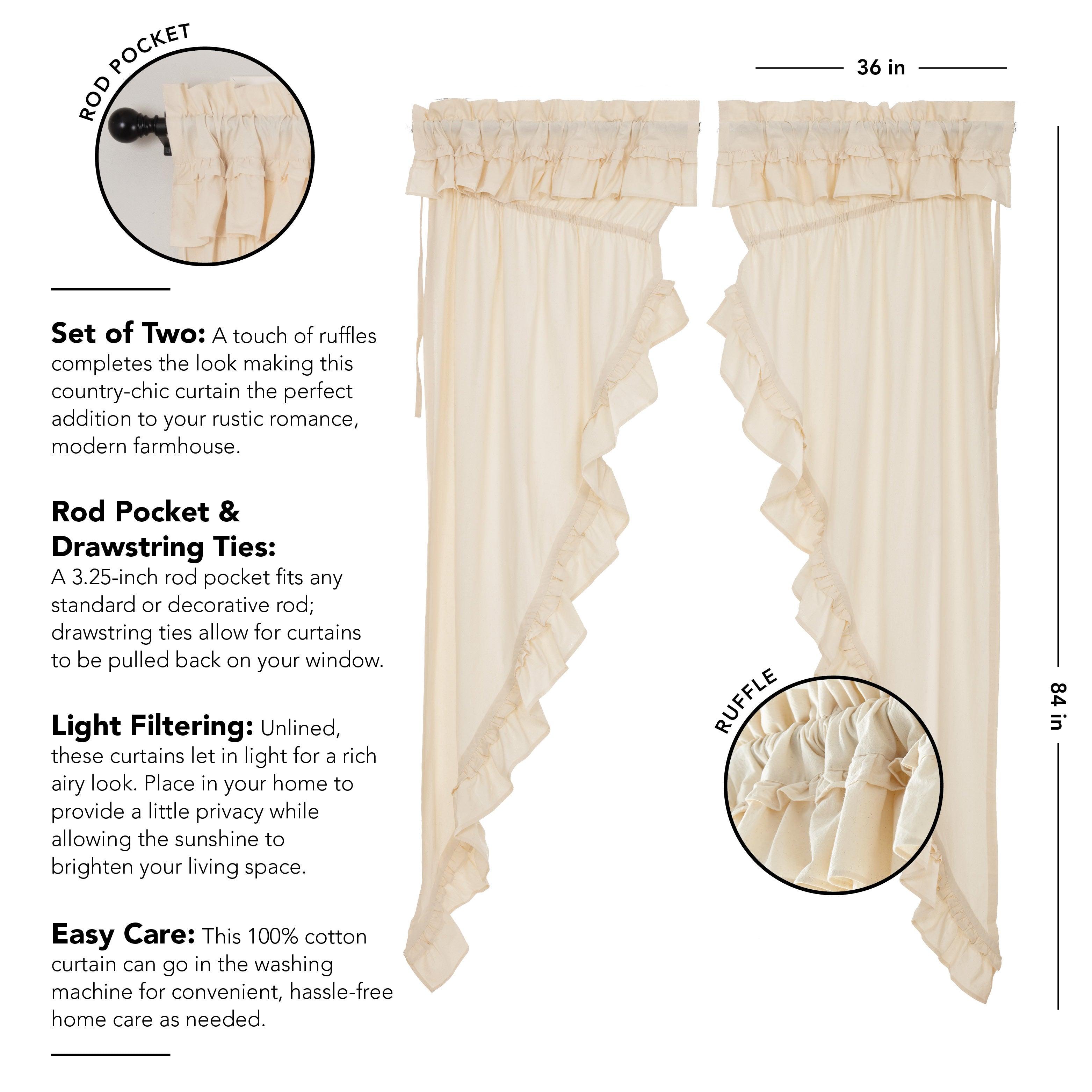 Muslin Ruffled Unbleached Natural Prairie Long Panel Curtain Set of 2 - The Fox Decor