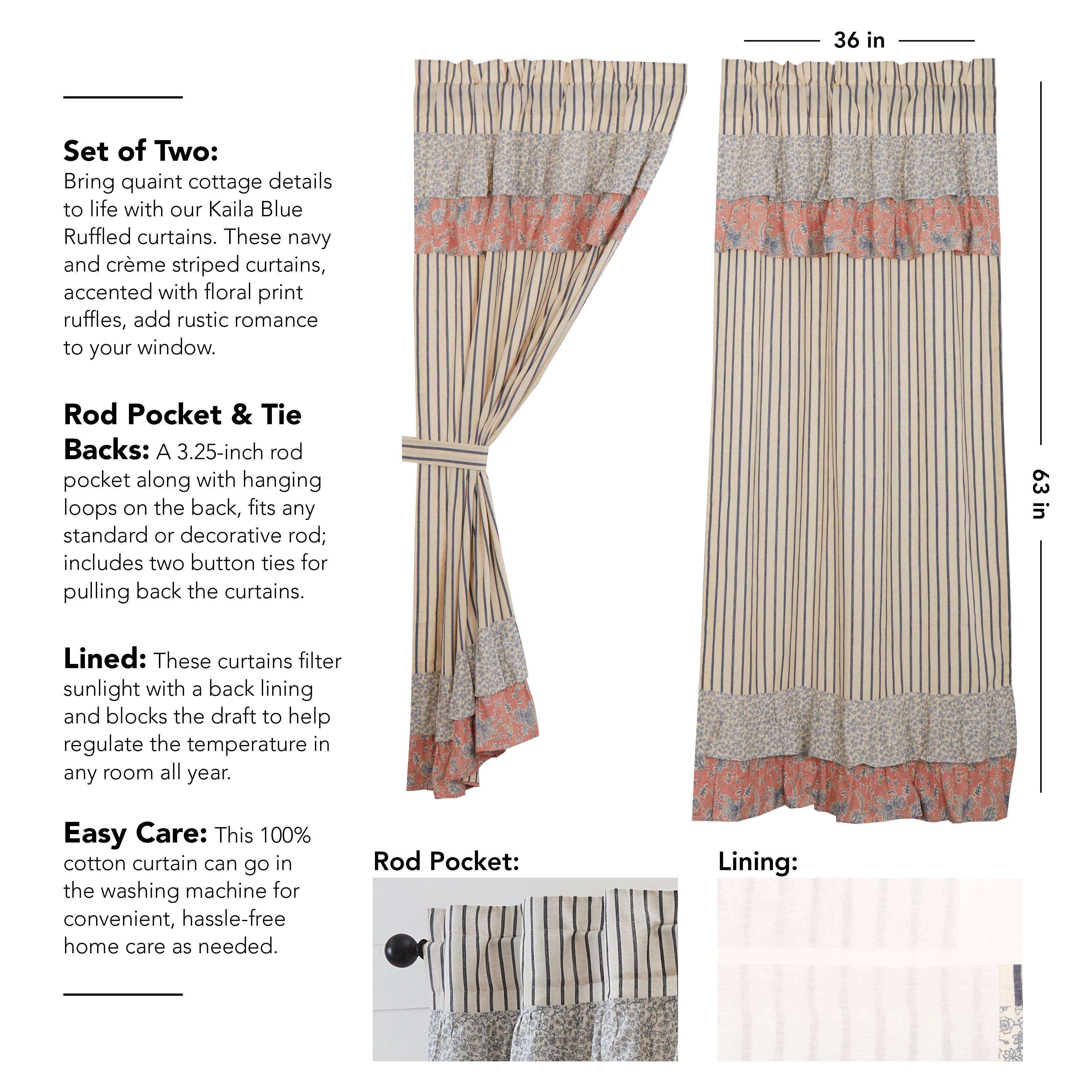 Kaila Ticking Blue Ruffled Short Panel Set of 2 63x36 VHC Brands - The Fox Decor