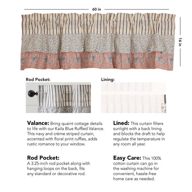Kaila Ticking Blue Ruffled Valance 16x60 VHC Brands - The Fox Decor