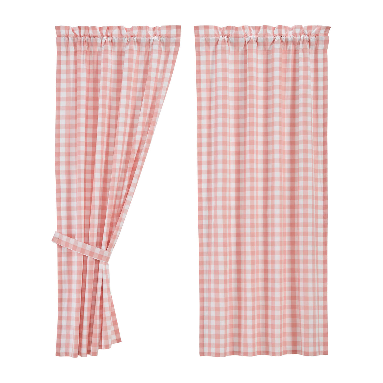 Annie Buffalo Coral Check Short Panel Curtain Set of 2 63"x36" VHC Brands - The Fox Decor