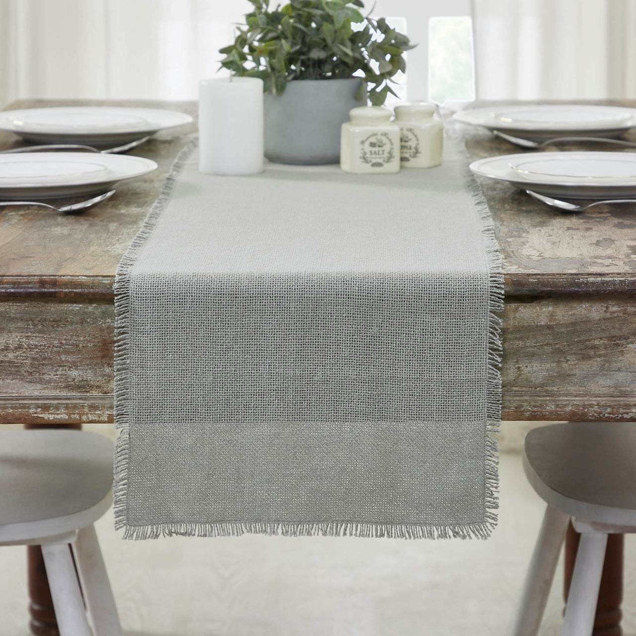 Burlap Dove Grey Table Runner Fringed 12"x48" VHC Brands