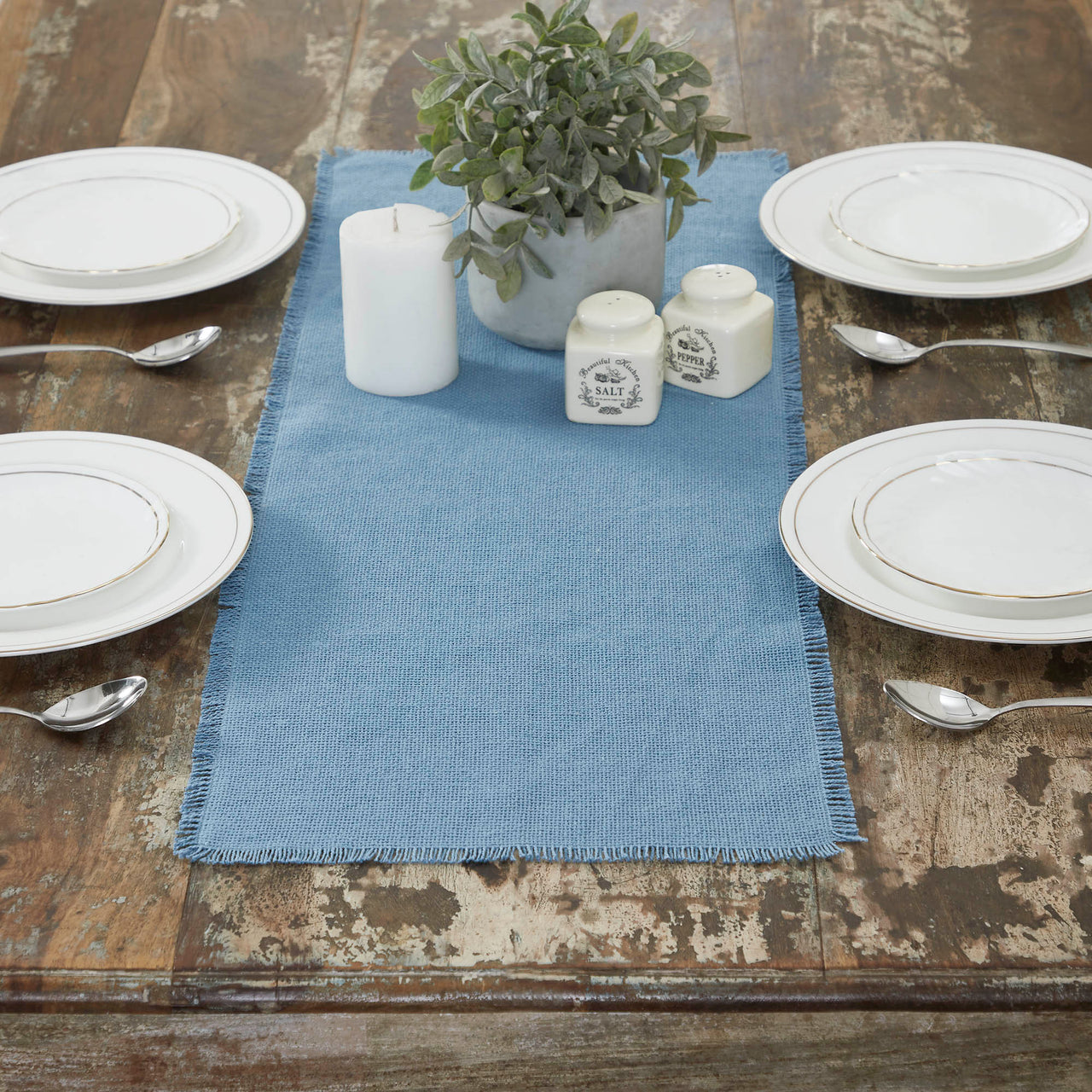 Burlap Blue Table Runner Fringed 12"x36" VHC Brands