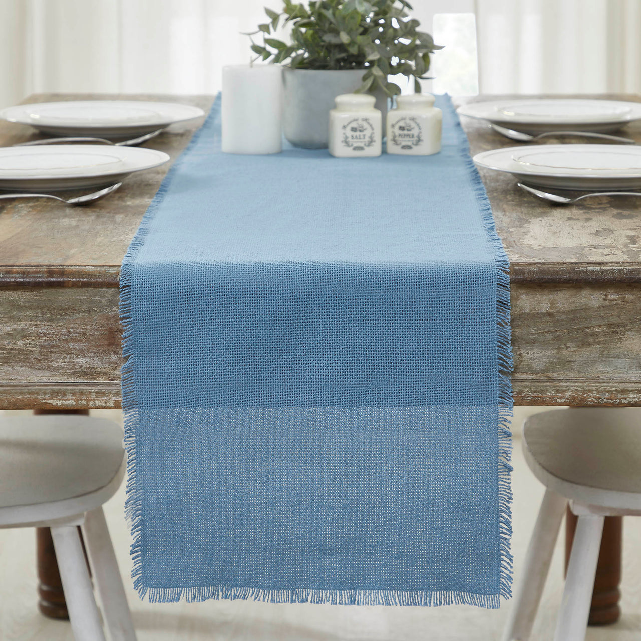 Burlap Blue Table Runner Fringed 12"x72" VHC Brands