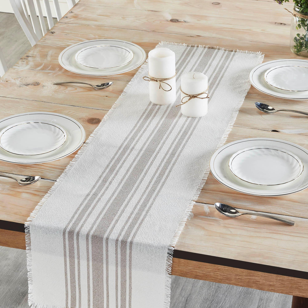 Antique White Stripe Dove Grey Indoor/Outdoor Table Runner 12x48 VHC Brands VHC Brands - The Fox Decor