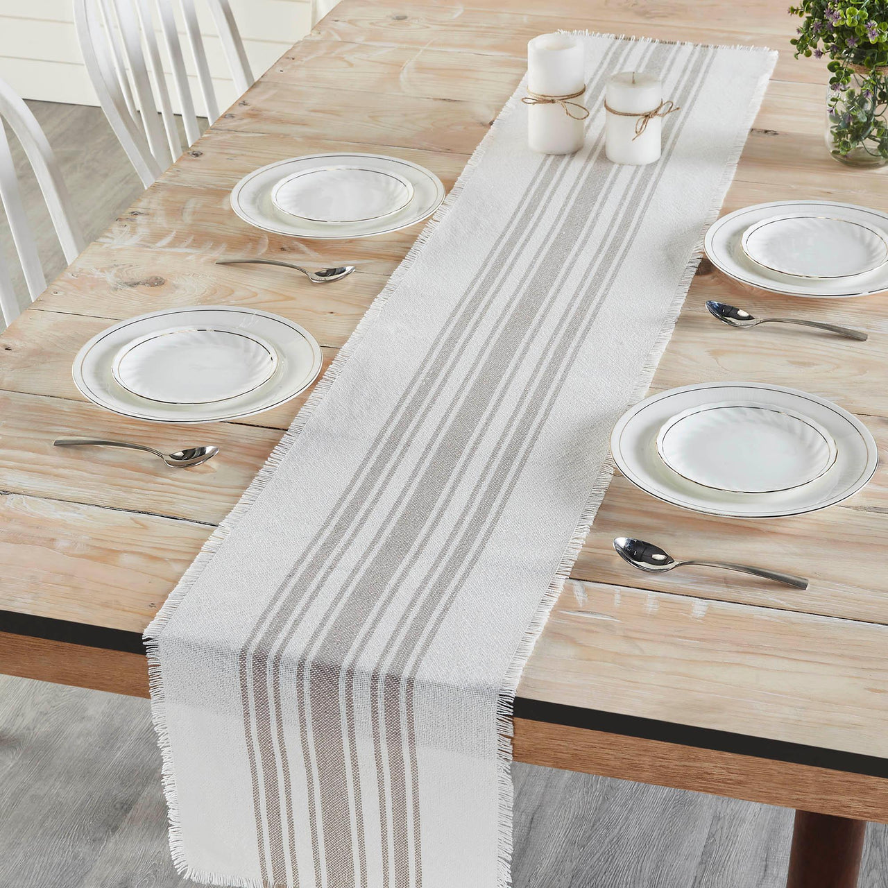 Antique White Stripe Dove Grey Indoor/Outdoor Table Runner 12x72 VHC Brands VHC Brands - The Fox Decor