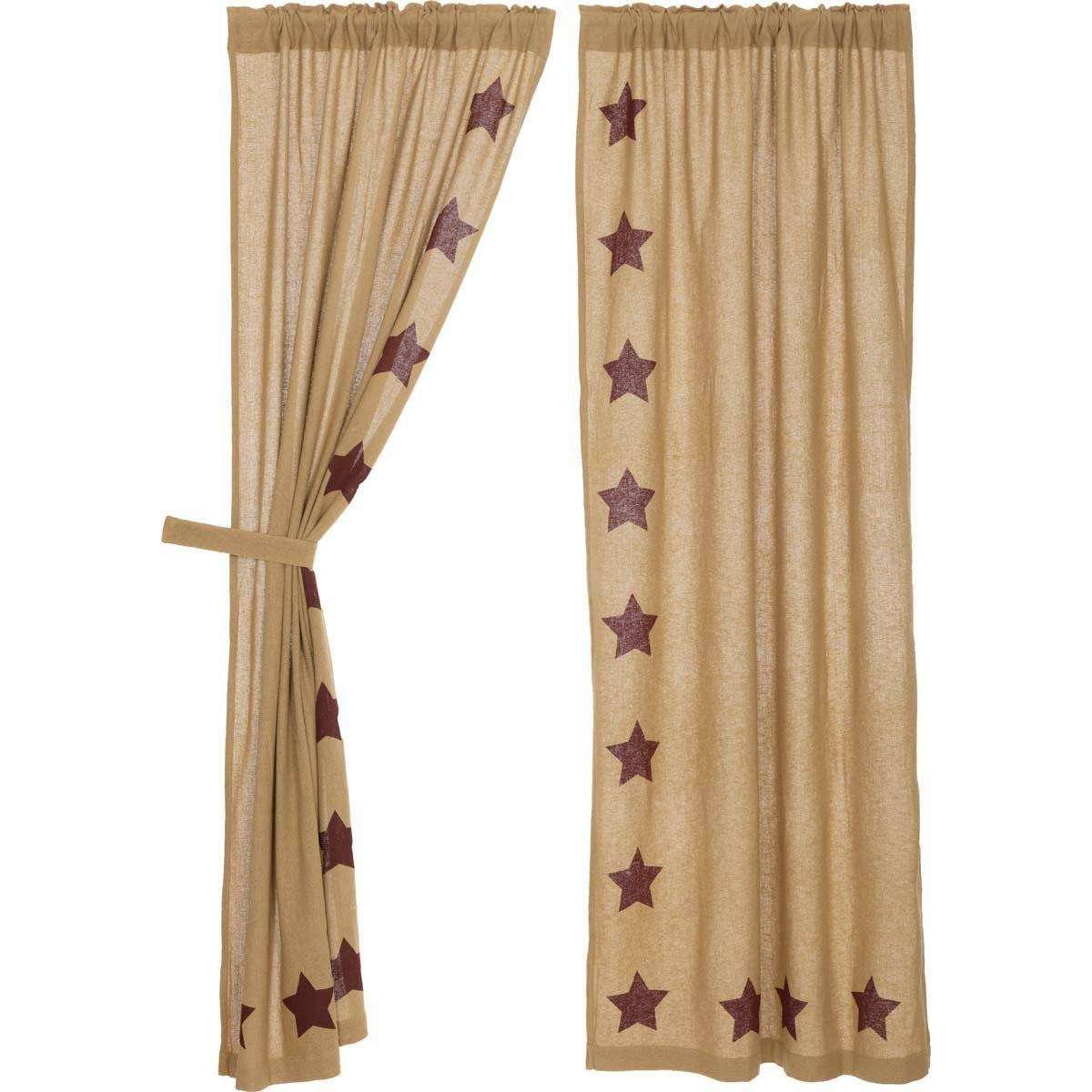 Burlap w/Burgundy Stencil Stars Panel Curtain Set of 2 84