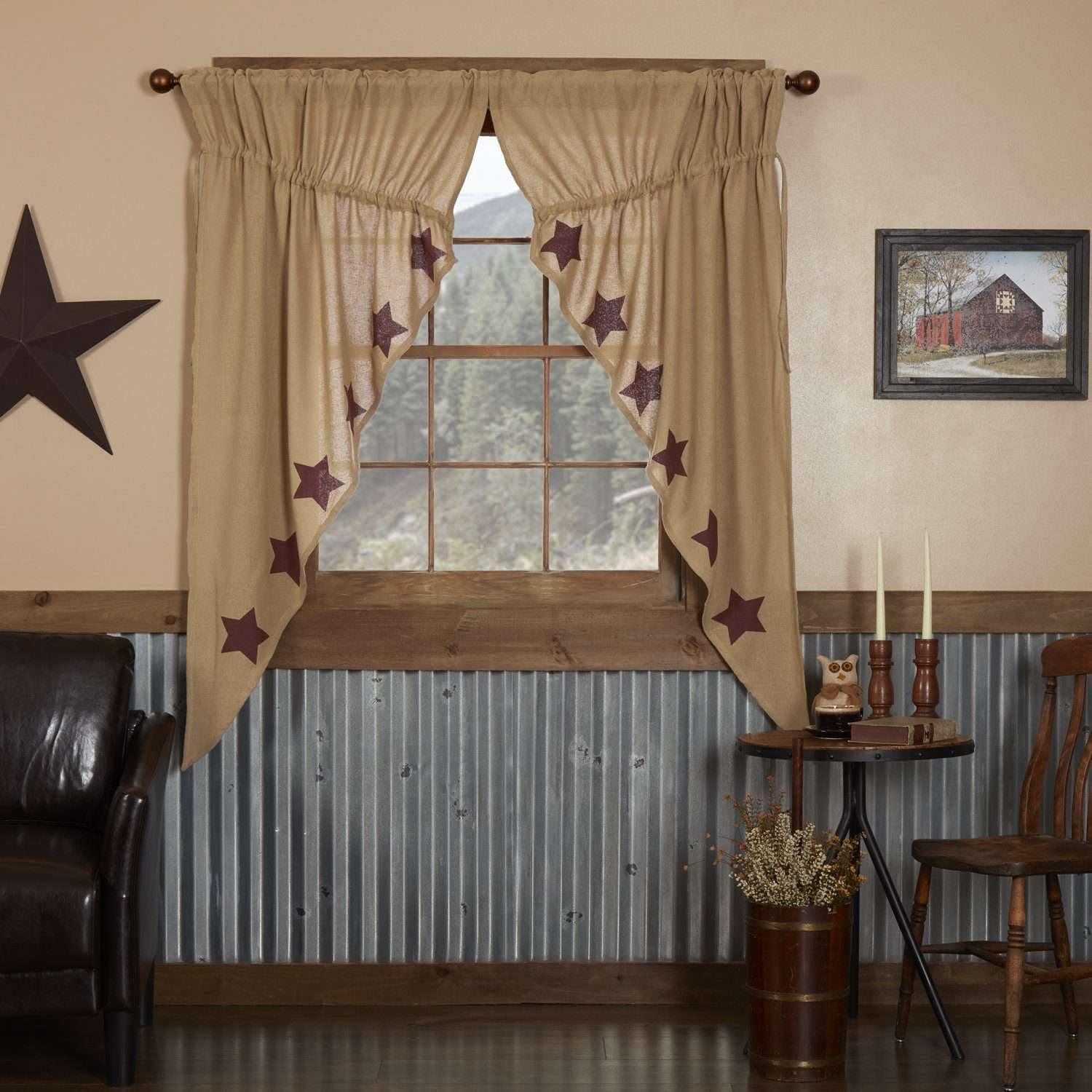 Burlap w/Burgundy Stencil Stars Prairie Short Panel Curtain Set 63x36x18 - The Fox Decor