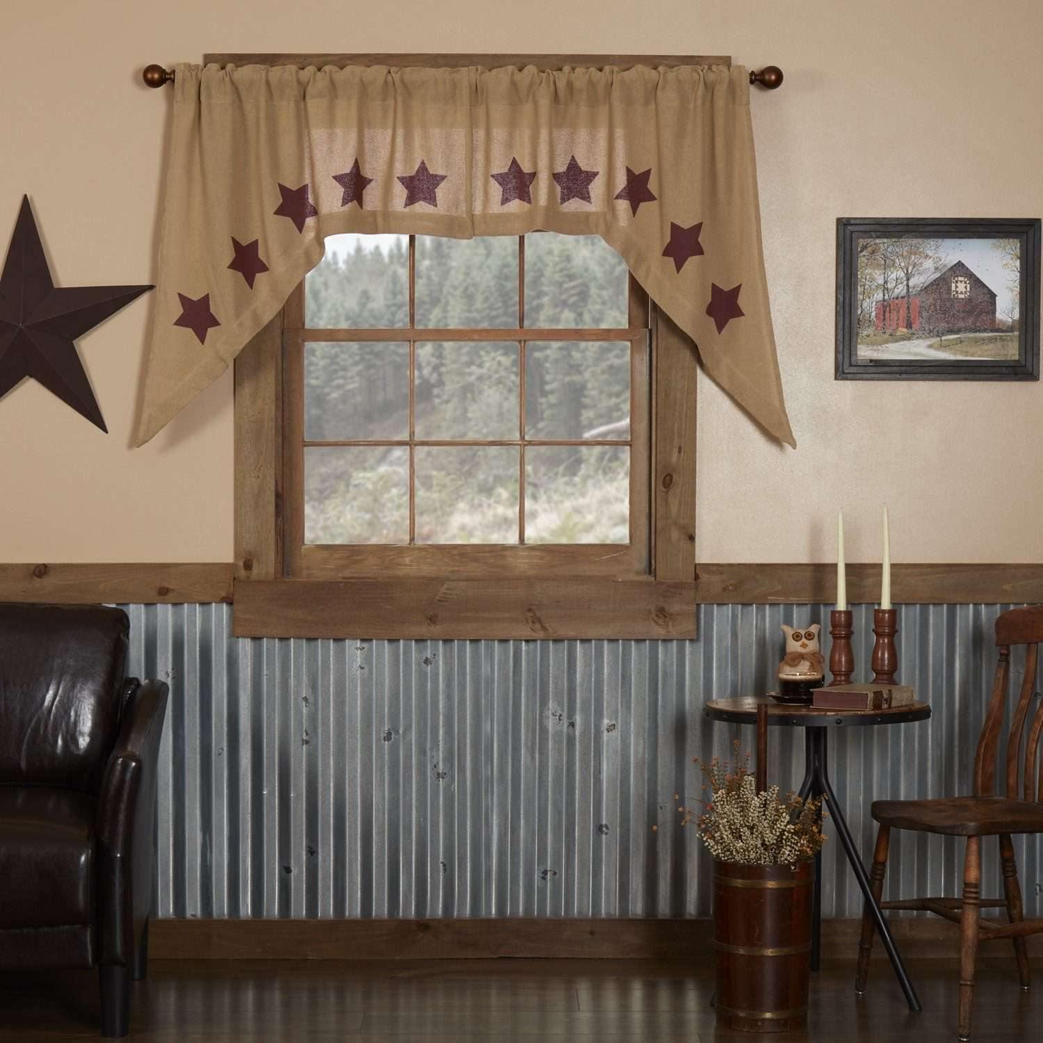 Burlap w/Burgundy Stencil Stars Swag Curtain Set of 2 36x36x16 - The Fox Decor
