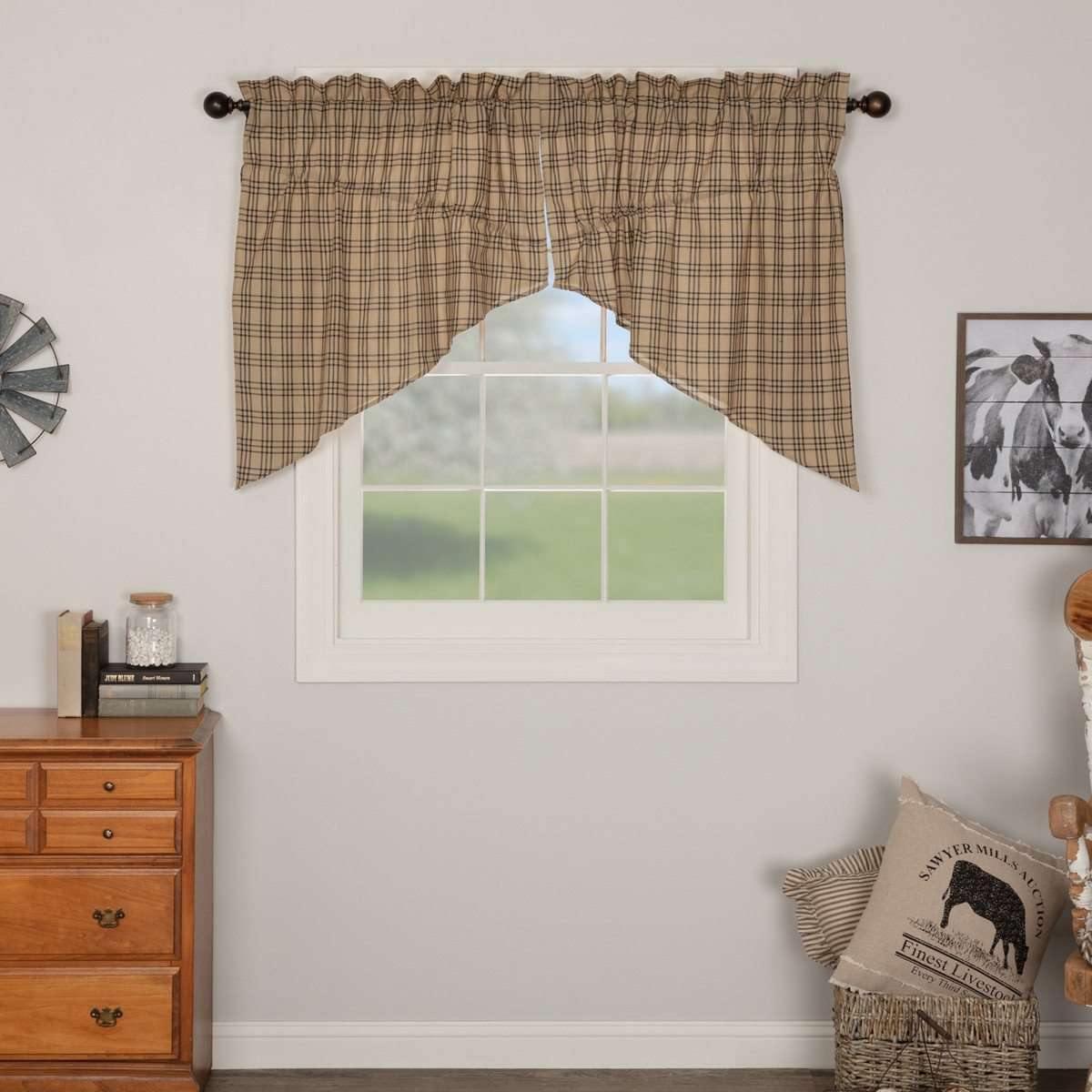 Sawyer Mill Charcoal Plaid Prairie Swag Curtain Set of 2 36x36x18 VHC Brands - The Fox Decor