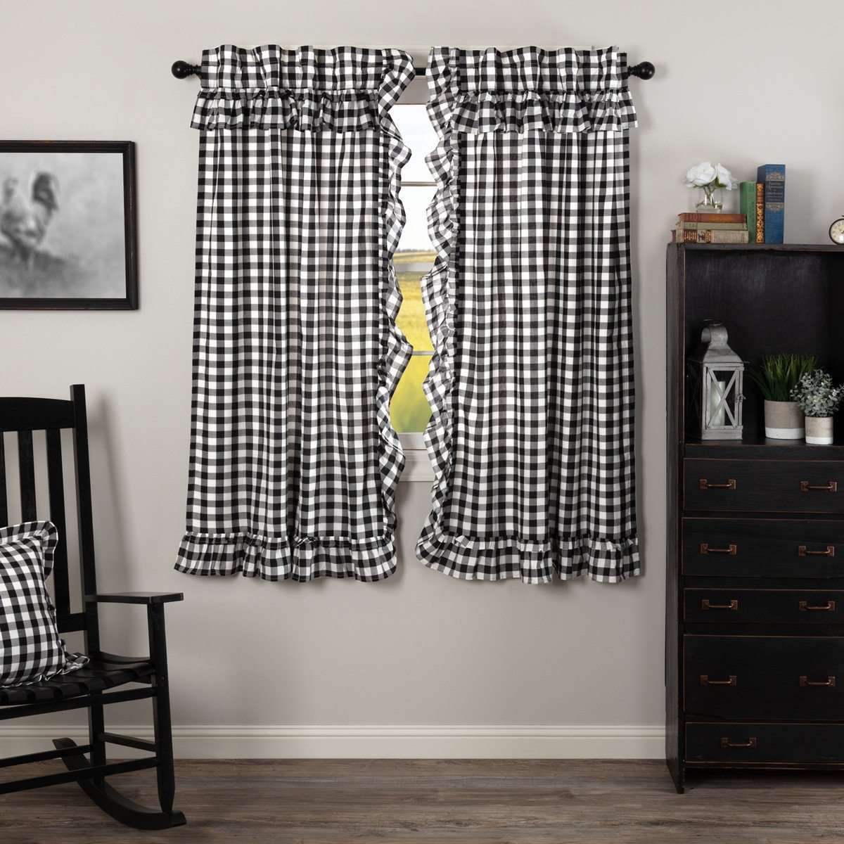 Annie Buffalo Black Check Ruffled Short Panel Curtain Set of 2 63"x36" VHC Brands - The Fox Decor