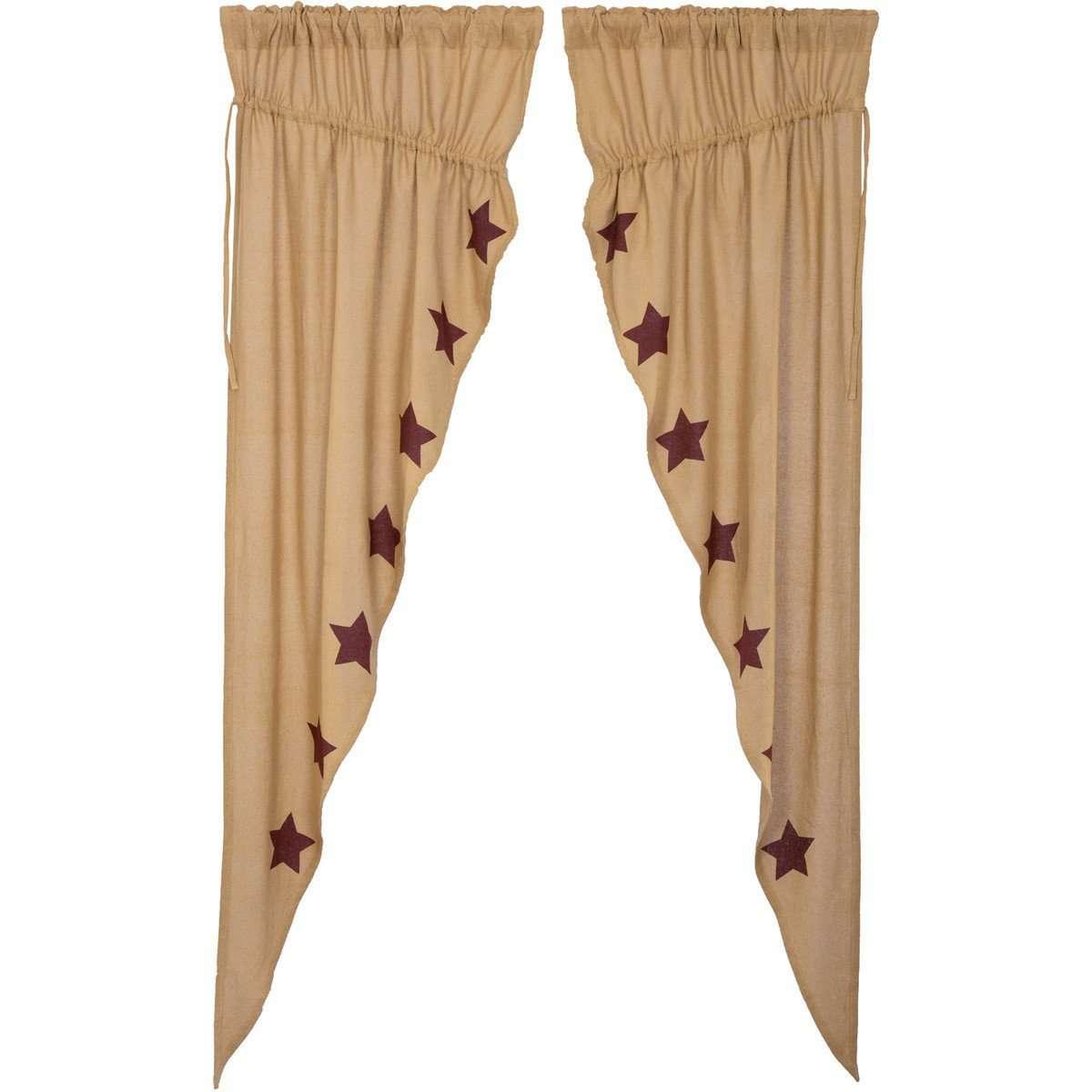 Burlap W/Burgundy Stencil Stars Prairie Long Panel Curtain Set of 2 - The Fox Decor