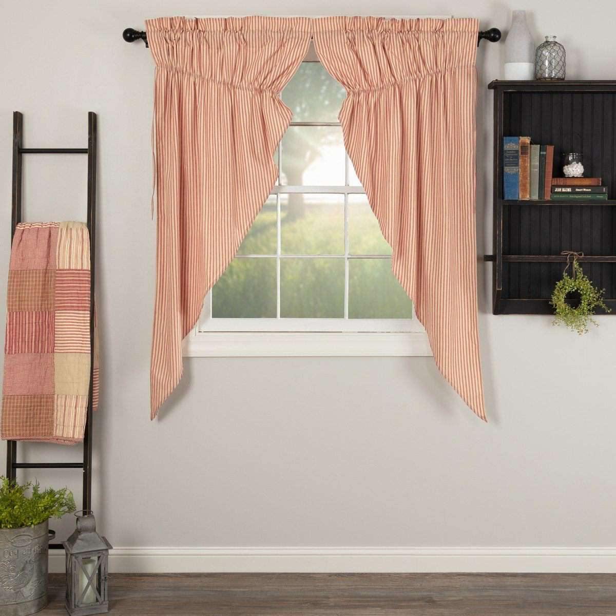 Sawyer Mill Red Ticking Stripe Prairie Short Panel Curtain Set of 2 63x36x18 VHC Brands - The Fox Decor