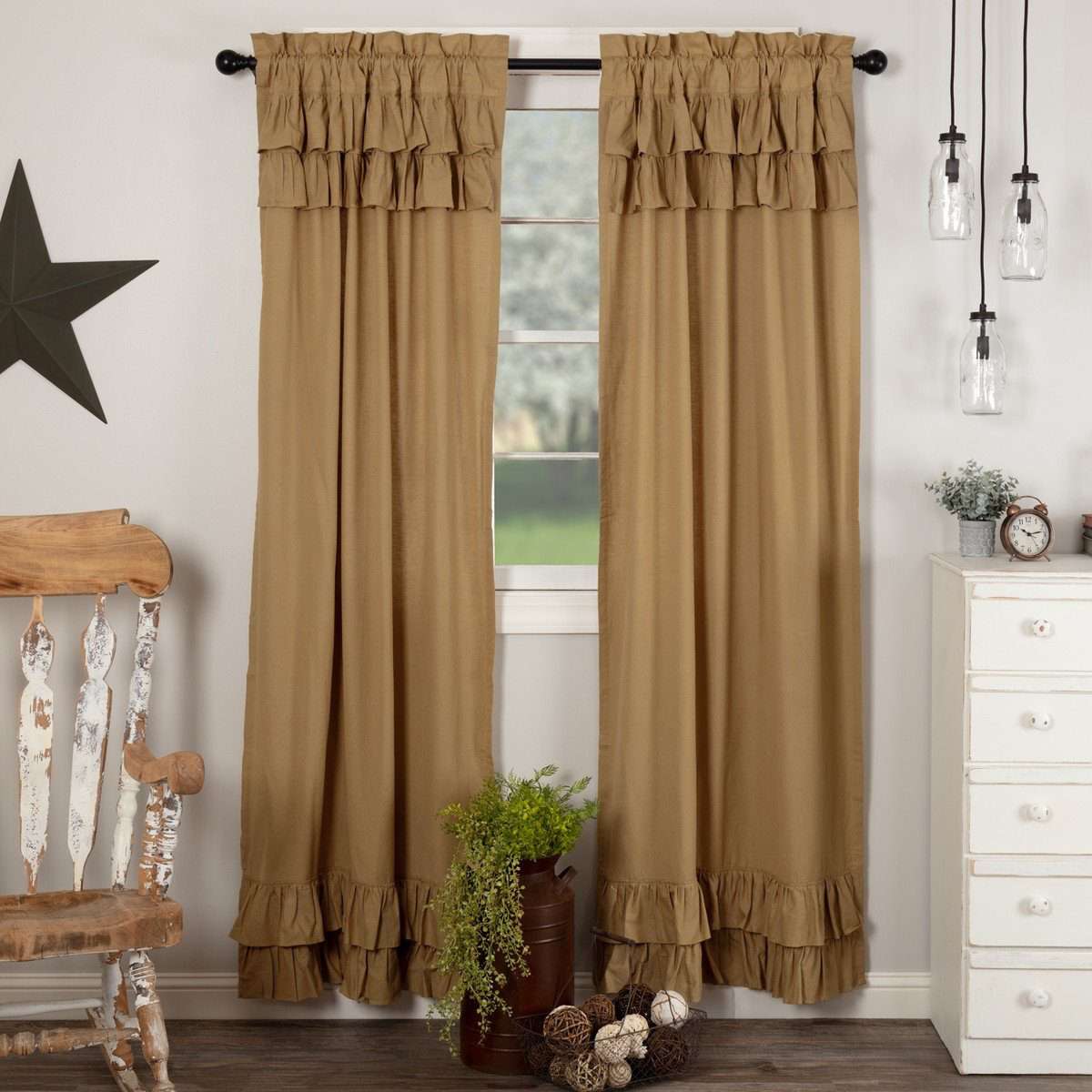 Simple Life Flax Khaki Ruffled Panel Country Curtain Set of 2 84