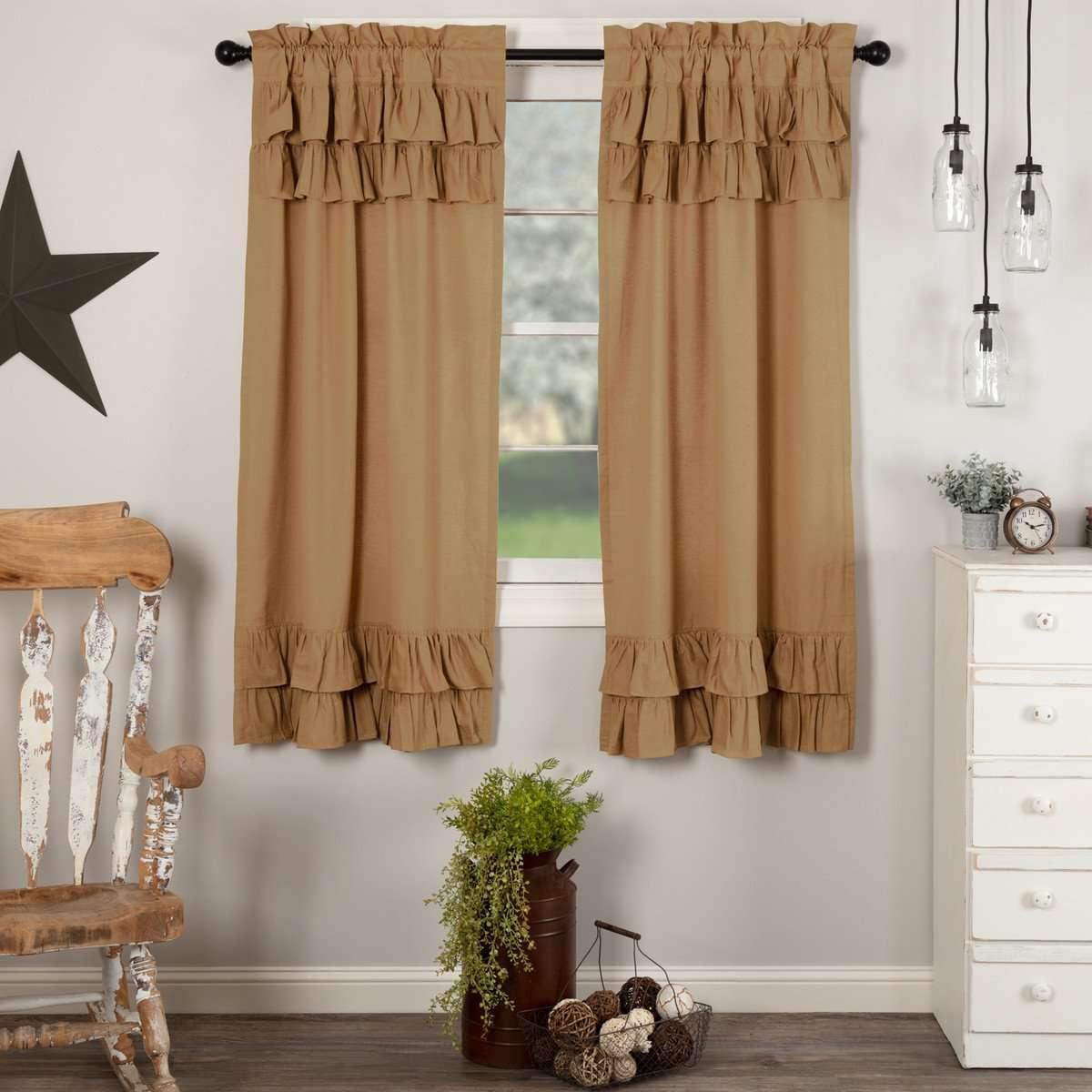 Simple Life Flax Khaki Ruffled Short Panel Curtain Set of 2 63x36 VHC Brands - The Fox Decor