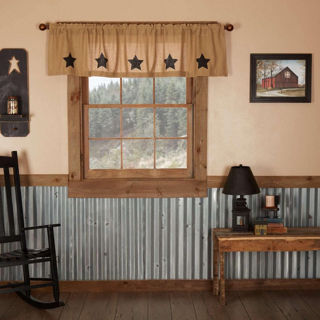 Burlap w/Black Stencil Stars Valance Curtain 16x72 - The Fox Decor